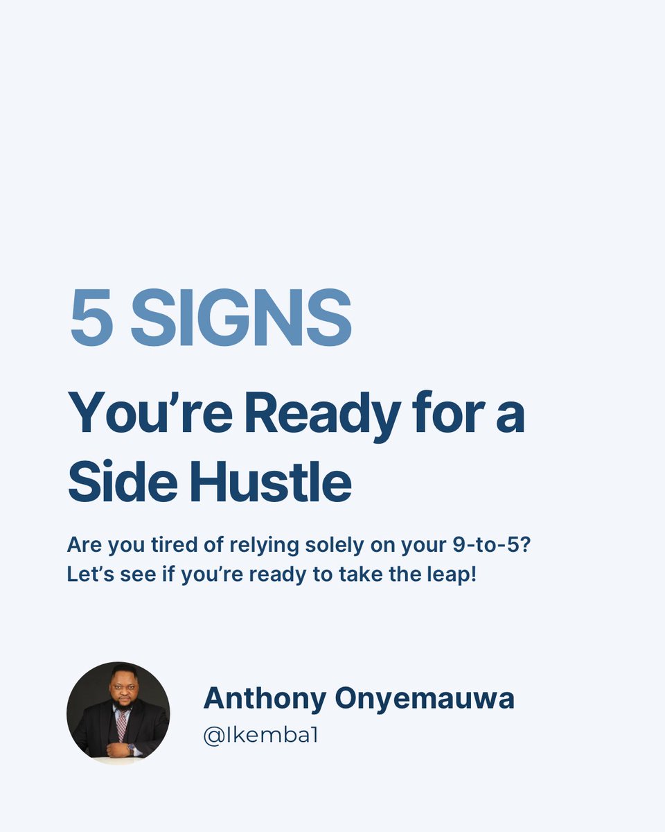 ikemba's tweet image. Are you tired of depending exclusively on your 9 - 5?

Let’s see if you’re ready to take the leap! 

Here are 5 signs that show that you are ready for a side hustle. 

A THREAD

#multiplestreamsofincome #sidehustle #startup