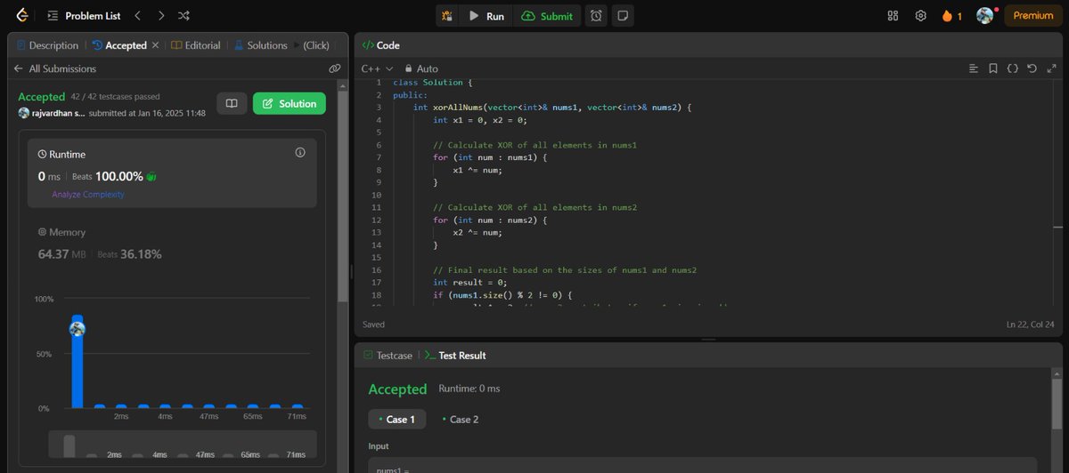 Rajvard41471275's tweet photo. 🚀 LeetCode Daily Challenge: 2425. Bitwise XOR of All Pairing
🚀
Test Results: ✅ Successfully Passed!
🧠 Problem Overview:
This problem tests your understanding of bit manipulation and array operation.
#leetcode #dailyleetcode https://t.co/3sQxG3lt1E