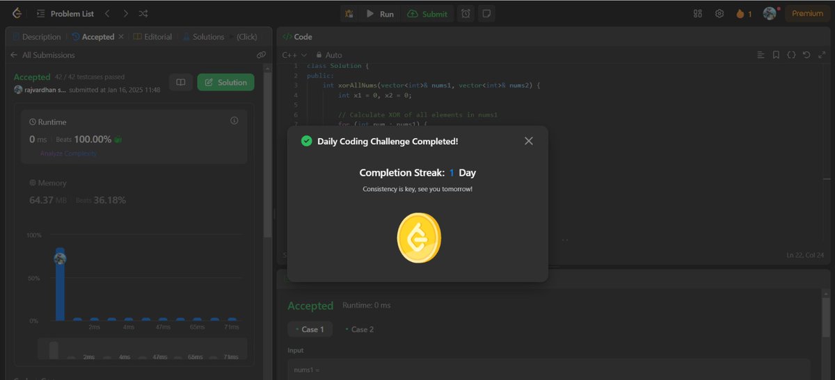 Rajvard41471275's tweet photo. 🚀 LeetCode Daily Challenge: 2425. Bitwise XOR of All Pairing
🚀
Test Results: ✅ Successfully Passed!
🧠 Problem Overview:
This problem tests your understanding of bit manipulation and array operation.
#leetcode #dailyleetcode https://t.co/3sQxG3lt1E