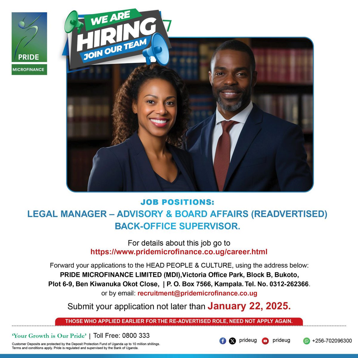 Atuhairecarol10's tweet photo. .@Prideug is hiring 🔊🔊🔊

Job position: Legal manager - Advisory &amp; Board affairs.

For details 👉
https://t.co/Rfky9fCAPi https://t.co/nzSBAGP17P