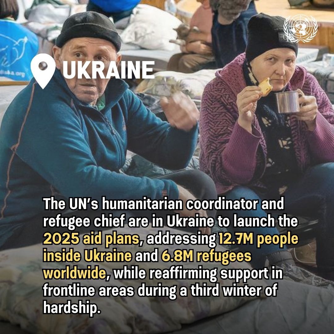 UNGeneva's tweet photo. #Ukraine: @UNReliefChief and @FilippoGrandi visit frontline areas to reaffirm support as 2025 aid plans are set to launch. With over 12.7 million people in need inside Ukraine and 6.8 million refugees, the mission to deliver critical assistance continues. 
https://t.co/L35lIfKu26 https://t.co/XfFFDFSYDz