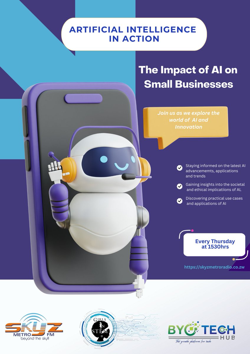 Breaking down barriers: How AI can help address economic disparities and promote financial inclusion. Join us this, Thursday as we discuss this topic only on Skyz Metro FM #AIfinance #EconomicInclusion
<a href="/SkyzMetroFM/">Skyz Metro FM</a> <a href="/girlsinstemzw/">Girls In Stem Trust</a> <a href="/Techzim/">Techzim</a> <a href="/womenintech/">Women in Technology</a>