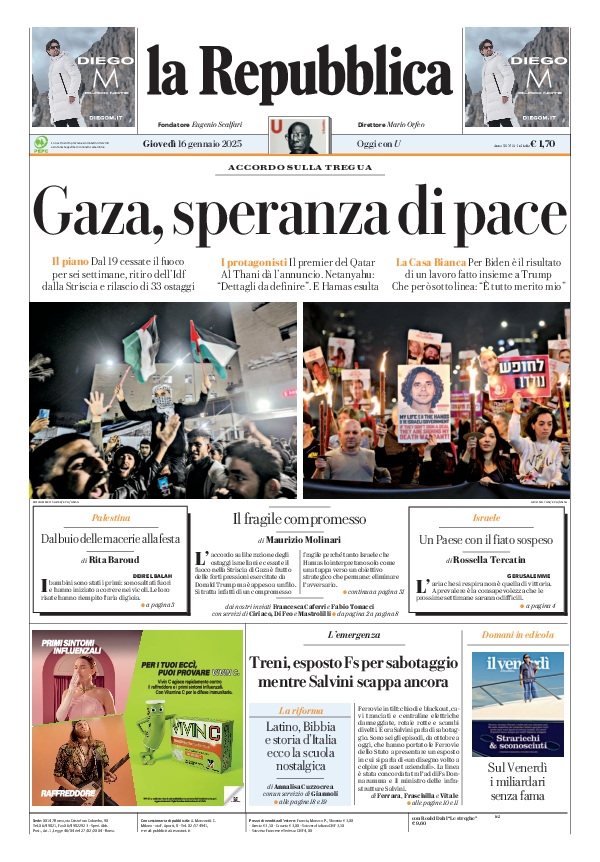 repubblica's tweet photo. La prima pagina di oggi #16january https://t.co/LZaZp2Gm1r 📰 https://t.co/IvMx7jpfK8