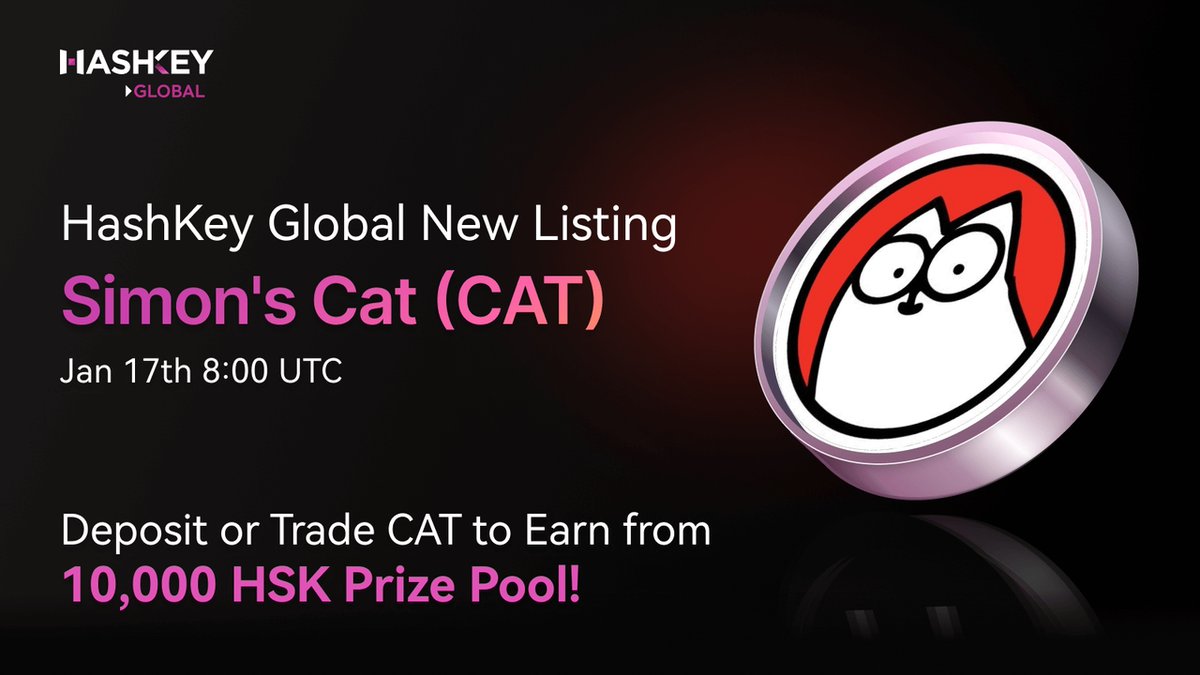 HashKey_Global's tweet photo. 📢 HashKey Global New Spot Listing: $CAT @SimonsCatMeme
 
🎁 New users exclusive: Deposit or trade $CAT to earn 10 $HSK from a 10,000 $HSK prize pool—first-come, first-served!
 
✅ CAT Deposits & Withdrawals (BSC): Opened
✅ CAT/USDT Spot Trading: 8:00 UTC, Jan 17
 
Register now 👉 https://t.co/f3oambeBQo
🔗 More details: https://t.co/ISq3iM26TW