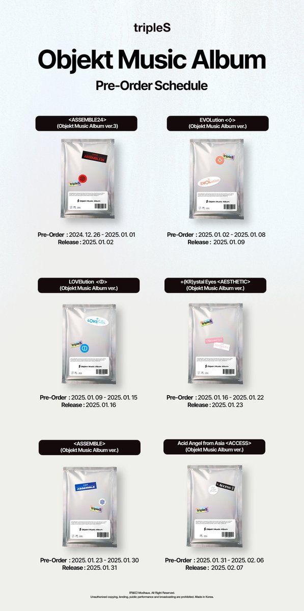 tripleS Objekt Music Album
+(KR)ystal Eyes <AESTHETIC>
pre-order

📅 2025.01.16 15:00 ~ 2025.01.22 23:59 KST

알라딘 bit.ly/4heOFXU
YES24 bit.ly/4hgj881
APPLEMUSIC bit.ly/3DTQ3kv
MAKESTAR bit.ly/3DTaZYS

and more things..
Coming Soon

#tripleS