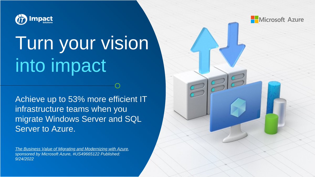 Turn your vision into impact. Achieve up to 53% more efficient IT infrastructure team when you migrate Windows Server and SQL Server to Azure. 

Contact us to learn more: impactitsolutions.com/it-services/di…

#ImpactIT #ImpactITSolutions #AzureMigration #Azure #ITservices #ITsolutions