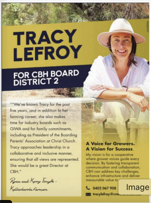 TracyLefroy's tweet photo. C O L L A B O R A T I O N | is key. Strong leadership means listening, learning, and advocating for growers' diverse needs. Thank you for your support Ryan + Kerry Forsyth! 🌾 #CBHElections #GrowersFirst - here's what Kerry and Ryan had to say about my candidacy for the CBH Board: "We’ve known Tracy for the past five years, and in addition to her farming career, she also makes time for industry boards such as GIWA and for family commitments, including as President of the Boarding Parents' Association at Christ Church. Tracy approaches leadership in a collaborative and inclusive manner, ensuring that all views are represented. She would be a great Director at CBH." Ryan and Kerry Forsyth - Kellerberrin