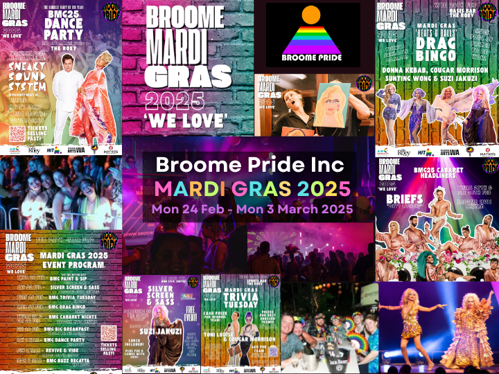 Broome Pride Inc present BROOME MARDI GRAS 2025 - 24th Feb - 3rd March  And look who's headlining...SNEAKY SOUND SYSTEM!! Start planning! All events are inclusive and ticketed events are on sale now. visitbroome.com.au/blog/2024/broo…