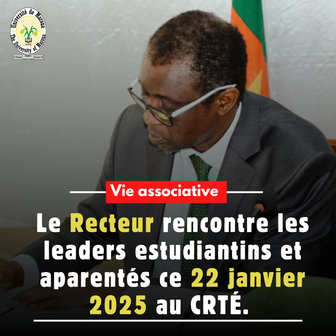 Université de Maroua (@univmaroua) on Twitter photo #UMa News!
The head of the institution and the leaders.
This Wednesday, January 22, 2025 at the Educational Technology Resource Center at 10 a.m.
<a href="/idrissoualioum/">Pr Idrissou Alioum</a>
<a href="/MinesupCmr/">MINESUP Cmr-Officiel</a> #UMa News!
The head of the institution and the leaders.
This Wednesday, January 22, 2025 at the Educational Technology Resource Center at 10 a.m.
<a href="/idrissoualioum/">Pr Idrissou Alioum</a>
<a href="/MinesupCmr/">MINESUP Cmr-Officiel</a>