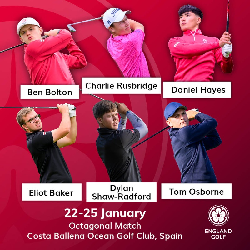 EnglandGolf's tweet photo. Introducing the squad for our first team event of 2025. 🏴󠁧󠁢󠁥󠁮󠁧󠁿👊

We’re thrilled to announce the six players representing England at the 𝗢𝗰𝘁𝗮𝗴𝗼𝗻𝗮𝗹 𝗠𝗮𝘁𝗰𝗵, @CostaBallenaGC, Spain, from 22-25 January. 🇪🇸

Click below to read more. ⬇️

#RespectInGolf | #TogetherInGolf