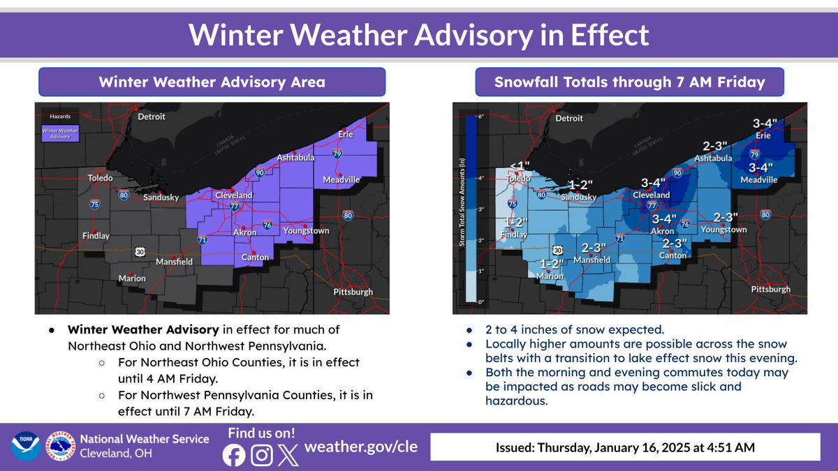 NWSCLE's tweet image. Snow has begun to fall this morning &amp;amp; is expected to continue for much of NE OH &amp;amp; NW PA into tonight. A Winter Weather Advisory remains in effect for those areas with 2-4" of snow is possible. Impacts to the morning and evening commutes today are possible. #ohwx #pawx