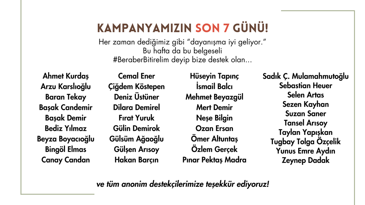 Geçtiğimiz hafta aramıza katılan yeni destekçilerimize çok teşekkür ediyoruz 🙏💕
Son 7 gün! Siz de bu filmi #BeraberBitirelim demek için bize kampanya sayfamız üzerinden destek olabilirsiniz:
startnext.com/en/kardesturku…

<a href="/cgdmkos/">Çiğdem Köstepen</a> <a href="/Gercek_Ozlem/">Özlem Gerçek</a> <a href="/drsadikcayan/">Sadık Çayan</a> <a href="/ZeyNora/">Zeynep Dadak</a>