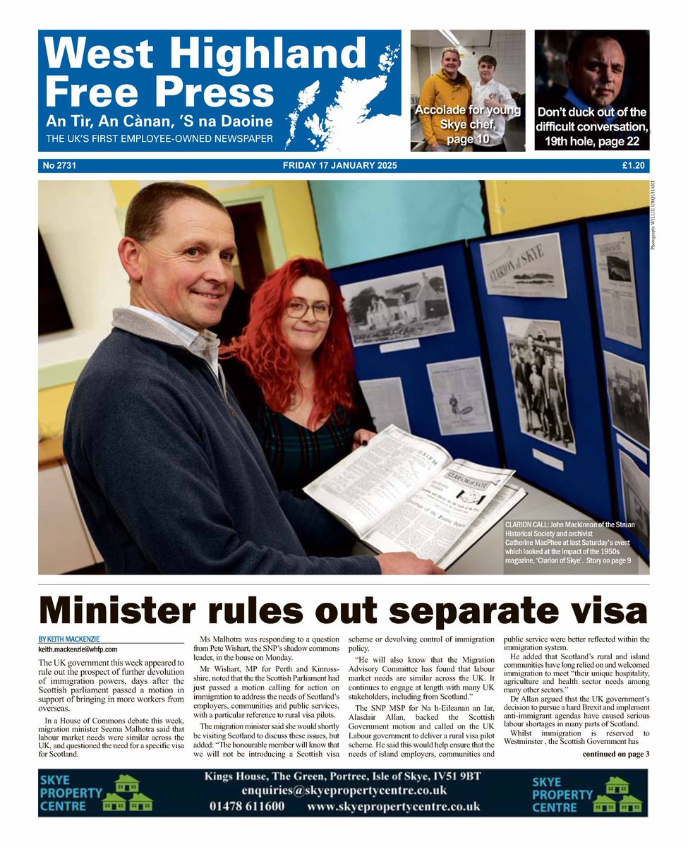 🗞 The front page of this week's West Highland Free Press- out today in shops or inboxes via whfp.com
📰 Thanks as always to all who buy a paper to stay informed and support our work 👍