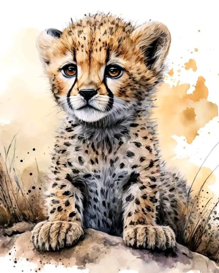 Tomekzlasu's tweet image. SUBIEKTYWNIE artyści Afryki, Uganda :  Shantal  Daves 
: "A young cheetah can teach a lot to adults—innocence, positivity, curiosity, excitement, and trust I .
Acrylics &amp;amp;water color painting on canvas 
 Size: 63×45cm" 
#cheetah #wildanimals #littleones #Elseedart