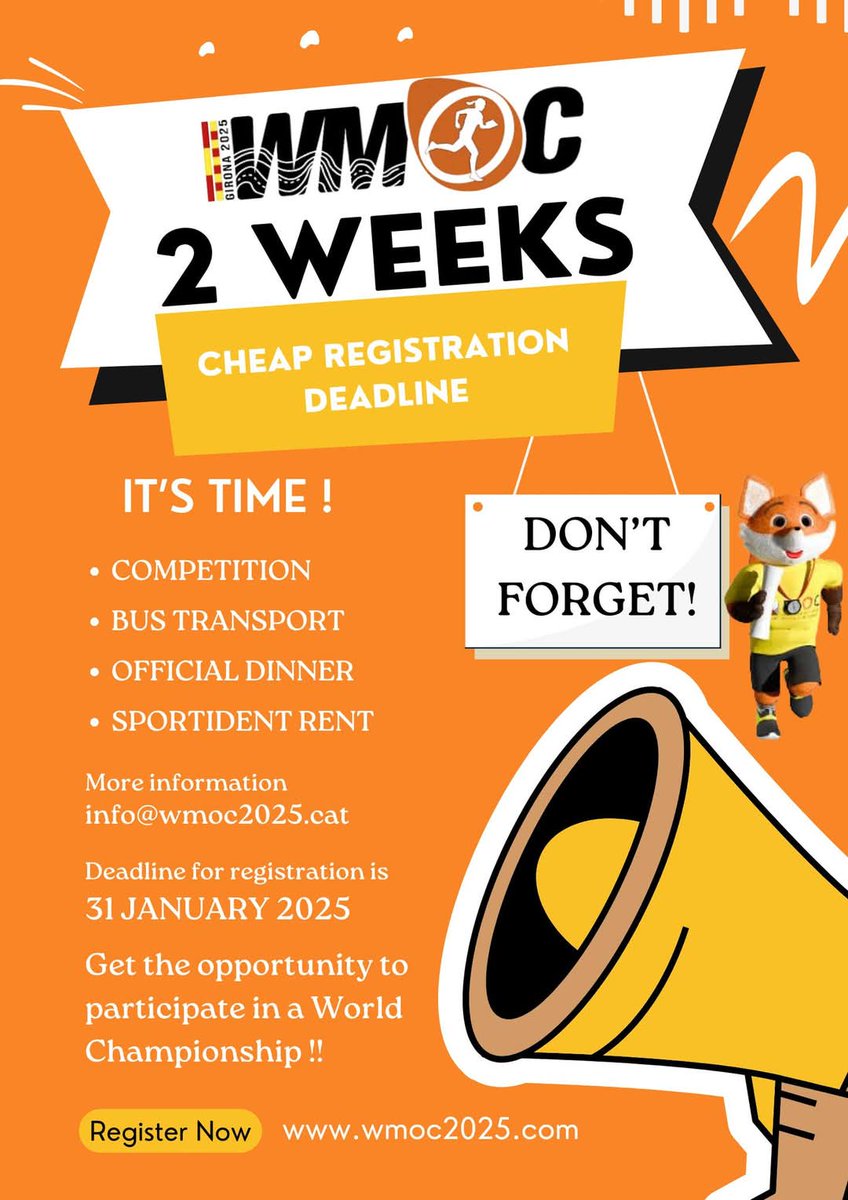 Dear friends! The next registration deadline is in two weeks. Right now there are orienteers from 35 different countries. Don't miss it, it will be a great competition in an amazing country. You can find all the information at wmoc2025.com