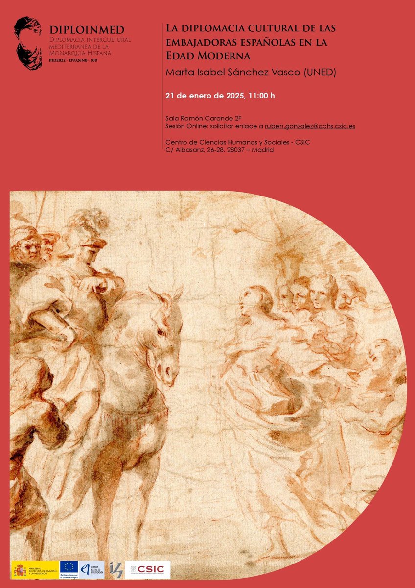 Francesco Caprioli (@frcaprioli27) on Twitter photo ¡Nuevo seminario <a href="/diploinmed/">DIPLOINMED @diploinmed.bsky.social</a> !
🎙️Marta I. Sánchez Vasco (UNED), "La diplomacia cultural de las embajadoras españolas en la Edad Moderna"
🗓️21/01/25, 11h
📍IH-CSIC, Madrid
🔗Para obtener el enlace a la sesión streaming, escribir a : ruben.gonzalez@cchs.csic.es ¡Nuevo seminario <a href="/diploinmed/">DIPLOINMED @diploinmed.bsky.social</a> !
🎙️Marta I. Sánchez Vasco (UNED), "La diplomacia cultural de las embajadoras españolas en la Edad Moderna"
🗓️21/01/25, 11h
📍IH-CSIC, Madrid
🔗Para obtener el enlace a la sesión streaming, escribir a : ruben.gonzalez@cchs.csic.es