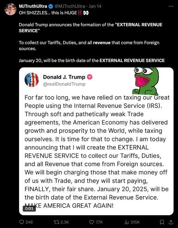 LorranyBNB's tweet photo. @CryptoTony__ Gm Tony, 

January 20, 2025, marks the launch of the EXTERNAL REVENUE SERVICE ushering in a new era of fair trade and economic growth. 

Big things are ahead with @ERSonSolana https://t.co/Q03GjrEeig