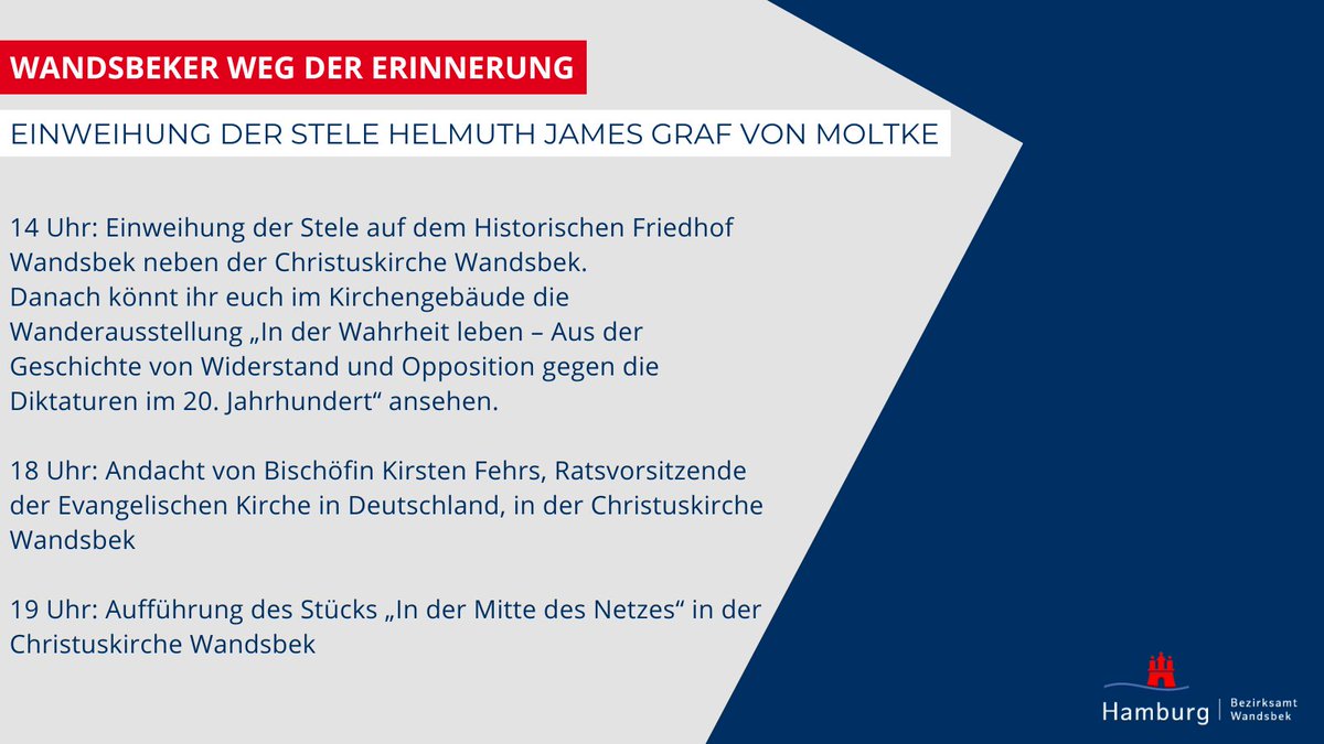 Die #Bezirksversammlung Wandsbek und die Christus-Kirchengemeinde #Wandsbek laden am 23.1.25 zur #Einweihung der Stele von Helmuth James Graf von Moltke auf dem Wandsbeker Weg der #Erinnerung ein. Weitere Infos 🔗: t1p.de/qoazt.