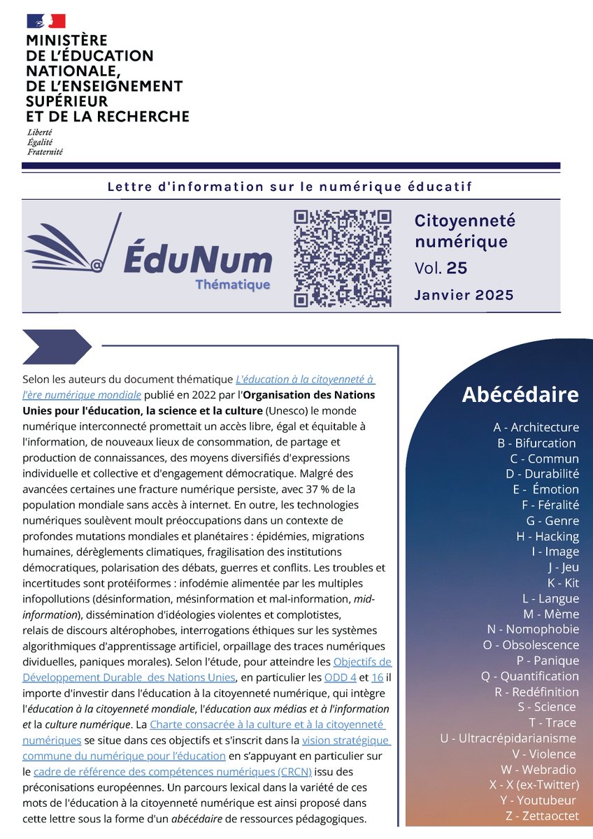 #CitoyennetéNumérique Lettre #ÉduNum thématique n°25 (janvier 2025) : abécédaire de ressources pédagogiques
👉 eduscol.education.fr/document/64297…