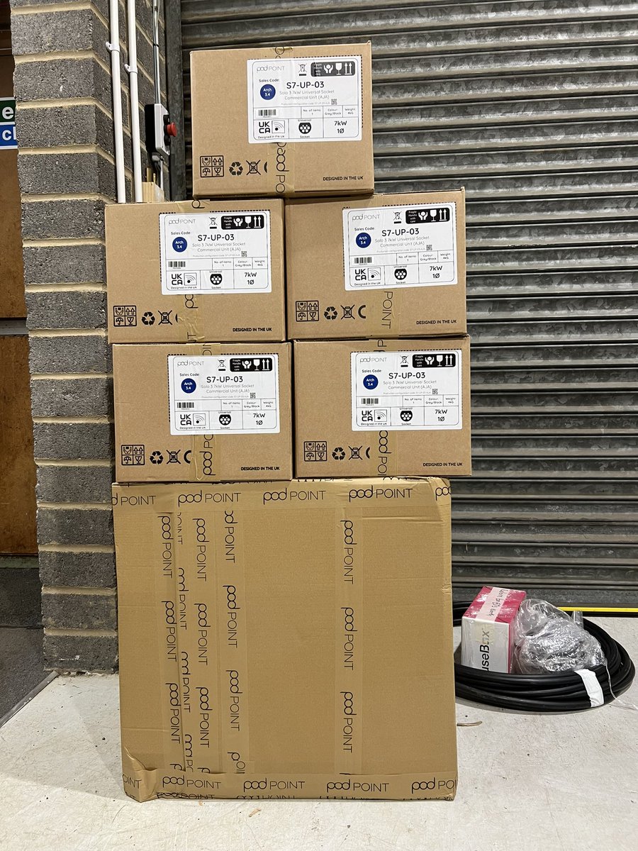 blandfordsllp's tweet photo. It’s going to be a busy day! 🚗⚡Our commercial team have just taken delivery of these @Pod_Point chargers. Helping our customer meet their green goals, and charge into the future 🌍 #EVCharging #Sustainability #PodPoint https://t.co/TkifVyuPgX