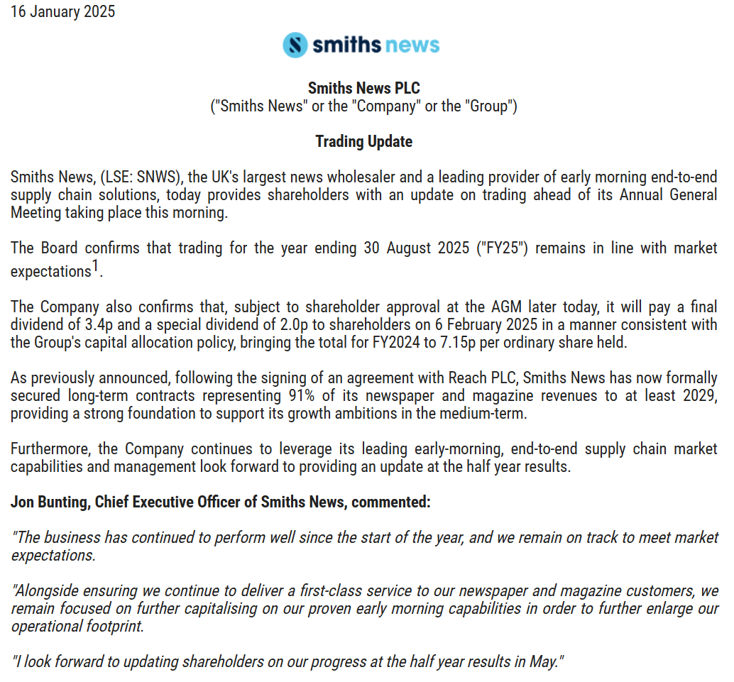 entrustTMF's tweet image. #SNWS Smiths News Trading Statement

The Board confirms that trading for the year ending 30 August 2025 ("FY25") remains in line with market expectations

voxmarkets.co.uk/rns/announceme…