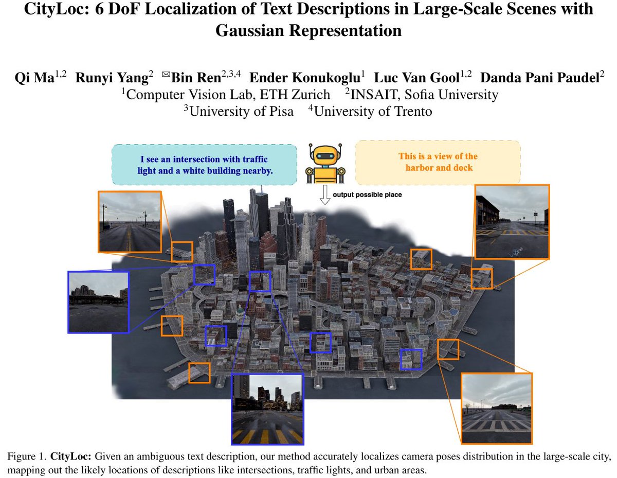 janusch_patas's tweet photo. CityLoc: 6 DoF Localization of Text Descriptions in Large-Scale Scenes with Gaussian Representation

Contributions:
• Experimental Setup and Benchmarking: We develop a comprehensive experimental setup designed to evaluate city-scale, text-based 6DoF localization.

• Novel Approach for Text-Based 6DoF Localization: We propose a diffusion-based method for text-based 6DoF localization that operates effectively at the city scale.

• Pose Refinement Technique: We employ Gaussian splatting rendering for pose refinement, filtering out poorly matched poses and optimizing them by maximizing cosine similarity with text features. This guides the pose to the most relevant location for the given text description.

• State-of-the-Art Results: Our approach delivers superior performance, surpassing baseline methods in both pose estimation accuracy and distribution modeling.