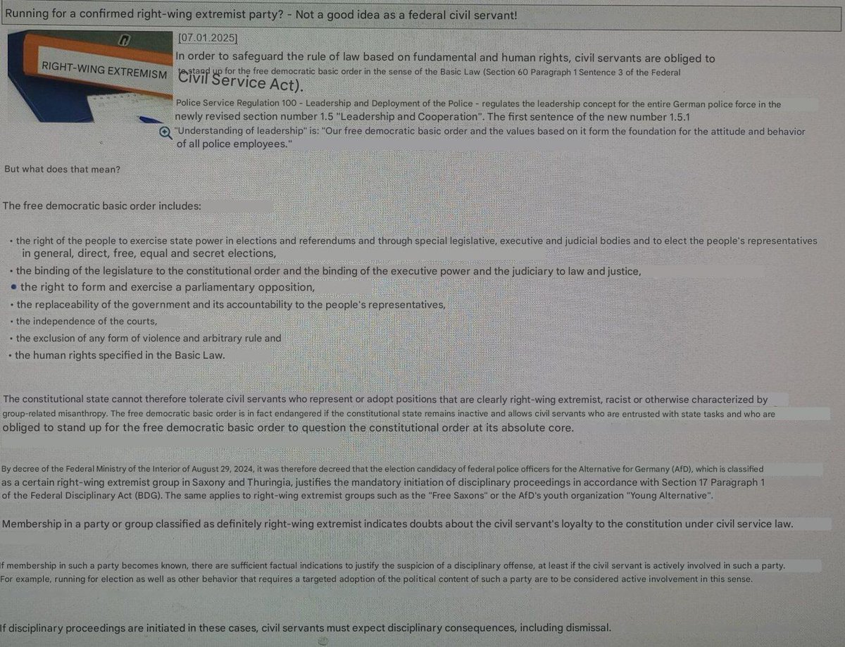 MarioNawfal's tweet photo. 🚨🇩🇪 GERMAN GOV’T WARNS POLICE: JOIN AfD, LOSE YOUR JOB

Interior Minister Nancy Faeser has threatened federal police officers with dismissal if they join or support the AfD, despite the party representing over 20% of voters.

One officer called it a "massive attack on freedom of choice" and a "blatant violation of basic rights" for civil servants.

Critics argue this isn’t about neutrality, as the head of federal police, Dieter Romann, is a CDU member.

Sources: Junge Freiheit