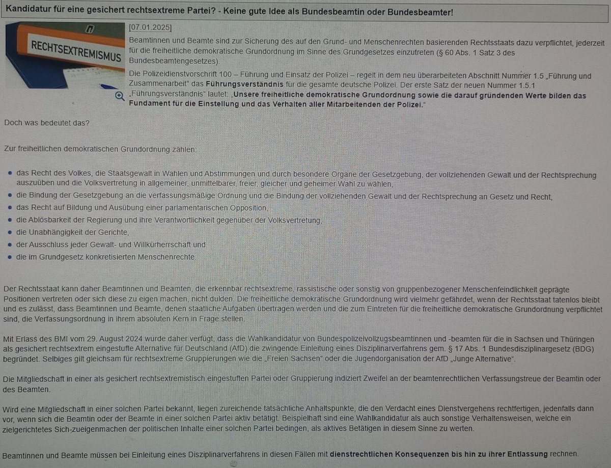 MarioNawfal's tweet photo. 🚨🇩🇪 GERMAN GOV’T WARNS POLICE: JOIN AfD, LOSE YOUR JOB

Interior Minister Nancy Faeser has threatened federal police officers with dismissal if they join or support the AfD, despite the party representing over 20% of voters.

One officer called it a "massive attack on freedom of choice" and a "blatant violation of basic rights" for civil servants.

Critics argue this isn’t about neutrality, as the head of federal police, Dieter Romann, is a CDU member.

Sources: Junge Freiheit