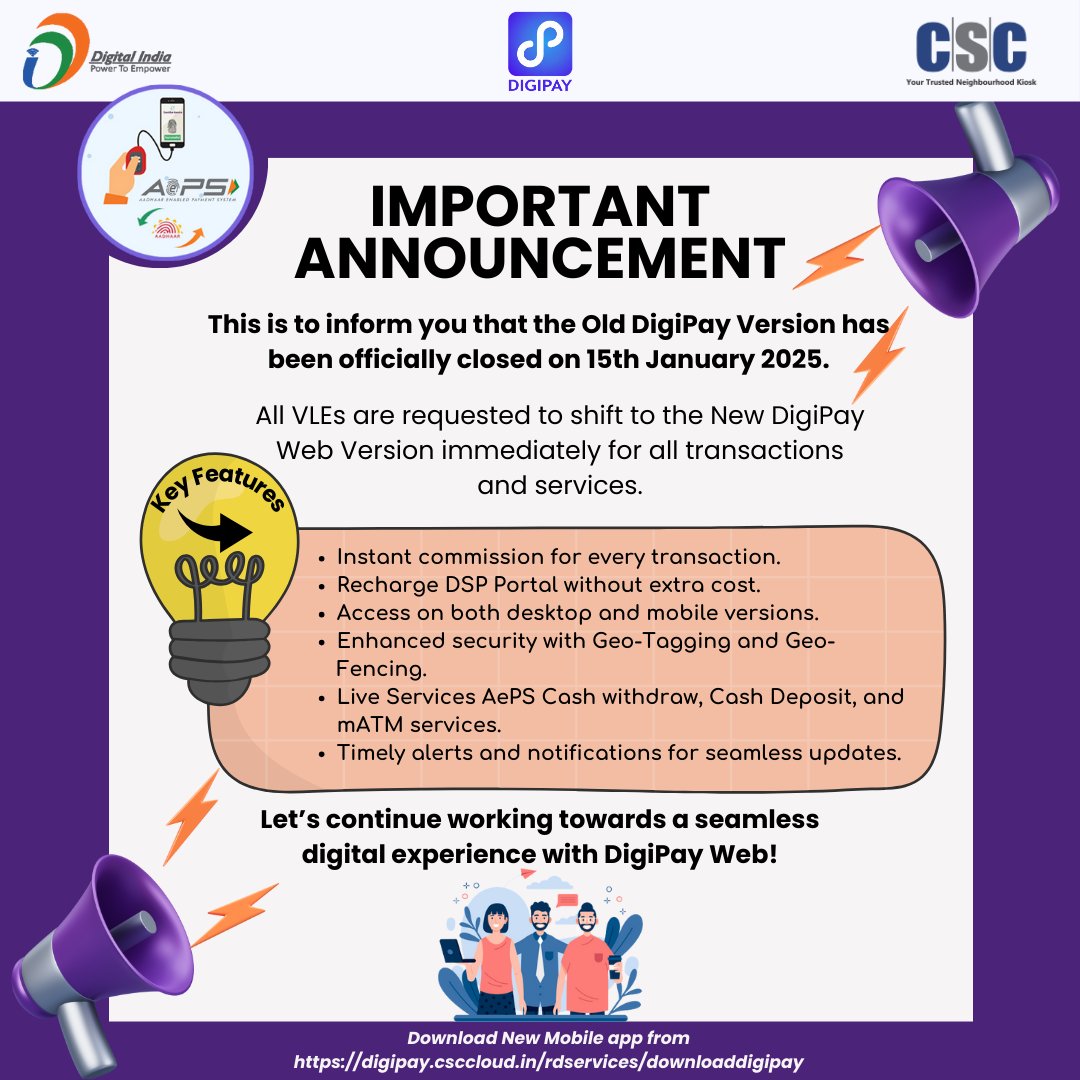 uditsharma60's tweet photo. 🚨🚨Important Alert🚨🚨
This is to inform you that the Old DigiPay Version has been officially closed on 15th January 2025.
All VLEs are requested to shift to the New DigiPay Web Version immediately for all transactions and services.
#csc #AePS #DigiPay #Notifications #Alerts https://t.co/htMh8NaXpL