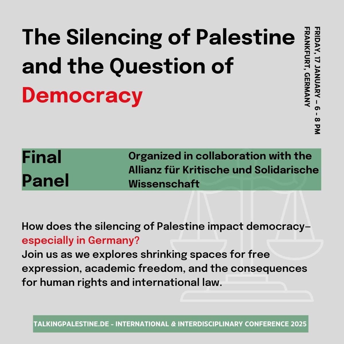 Pal_Con_Ffm's tweet photo. 🚨 Final Panel Announcement!

How does silencing the discourse on #Palestine impact democracy? Join us as we discuss academic freedom, human rights &amp; the role of the German state in shrinking spaces for criticism with @ilyas_saliba &amp; more

📅 Date &amp; Time: Friday 17th, 6-8 pm https://t.co/RDnqPMjiFo