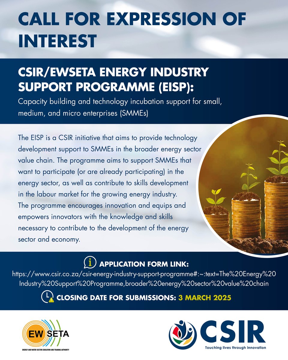 CSIR's tweet photo. Call for Expressions of Interest #EoI: CSIR/EWSETA energy industry support programme
Closing date for submissions: 3 March 2025
https://t.co/JHfB1qVRg6 https://t.co/heZLwfmo9U