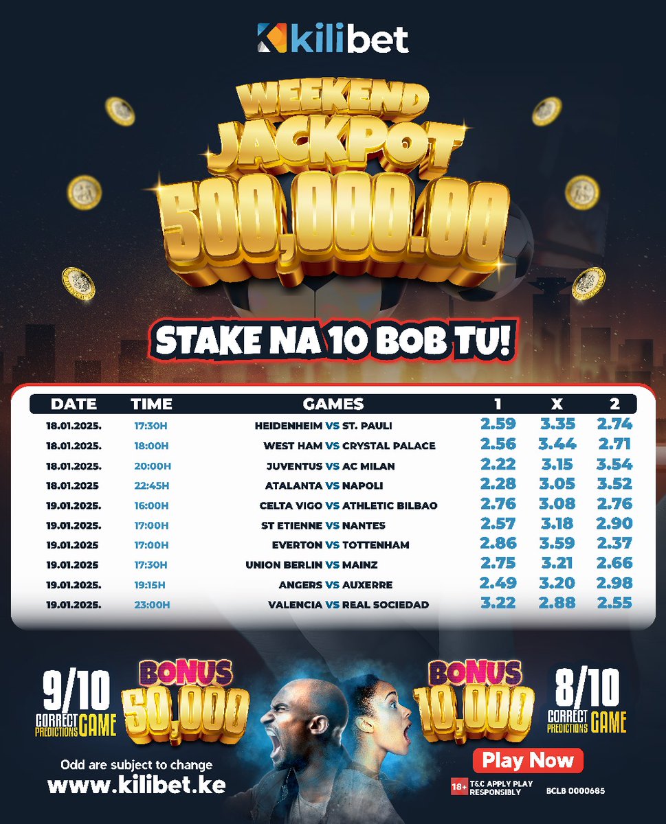 kilibet_ke's tweet photo. ✨Can you grab the ultimate prize? ⚽💥

💰Step up to our Weekend Jackpot and take your shot at greatness! 

🎯 Bonus available for 8/10 &amp; 9/10 hits.
Kickstart your winning streak now: https://t.co/Ff8qnmWRzl

#WeekendJackpot #PlayToWin https://t.co/RywPkXybA2