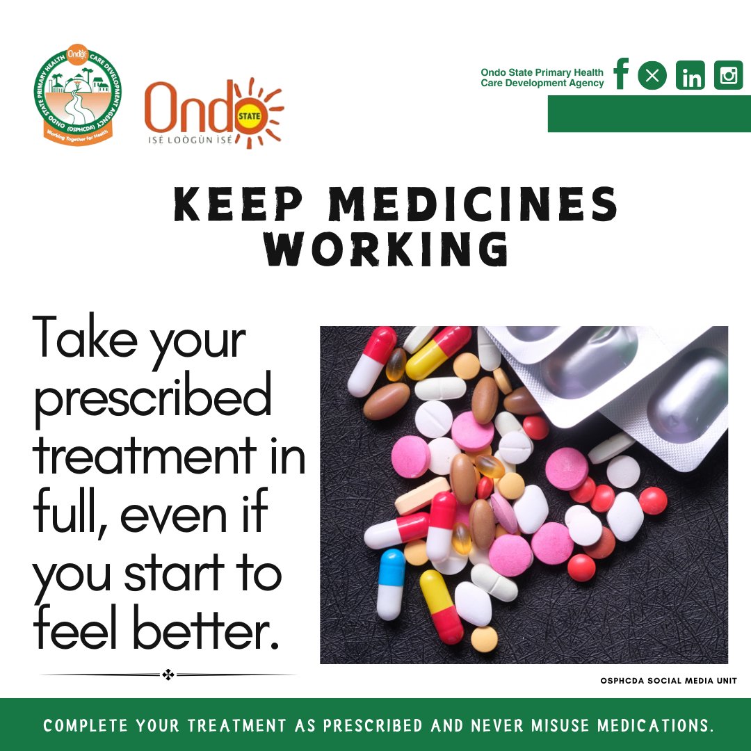 Ondo State Primary Health Care Development Agency (@osphcda) on Twitter photo Stopping treatment early makes medications less effective and illnesses harder to treat. Completing your full treatment helps prevent antimicrobial resistance (AMR).
#StopAMR
#CompleteYourTreatment
#ResponsibleMedicationUse
<a href="/AKURECITY/">City Of Àkúrẹ́ (Olóyèmẹkun)</a> <a href="/BANigeria/">Breakthrough ACTION-Nigeria</a> <a href="/CCSImpact/">CCSImpact</a> Stopping treatment early makes medications less effective and illnesses harder to treat. Completing your full treatment helps prevent antimicrobial resistance (AMR).
#StopAMR
#CompleteYourTreatment
#ResponsibleMedicationUse
<a href="/AKURECITY/">City Of Àkúrẹ́ (Olóyèmẹkun)</a> <a href="/BANigeria/">Breakthrough ACTION-Nigeria</a> <a href="/CCSImpact/">CCSImpact</a>