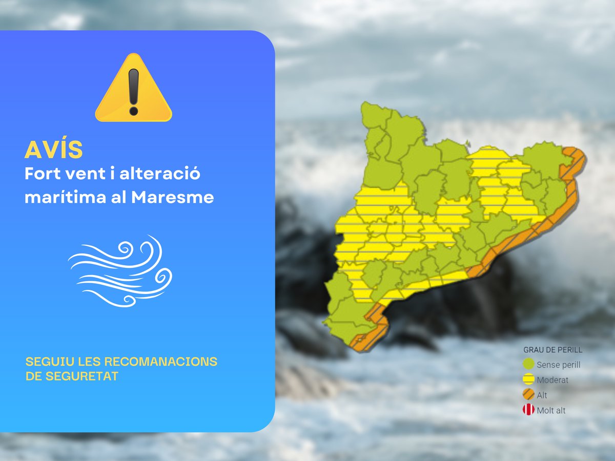 🌬️ Avís per fort vent i alteració marítima al Maresme 🌊

Ràfegues de 50-70 km/h avui (16/01) de 12h a 22h.

Onades de fins a 2,8 m amb mar de fons des de les 20h d'avui fins demà (17/01) a les 22h.

⚠️ Seguiu les recomanacions de seguretat!

meteo.cat/wpweb/divulgac…