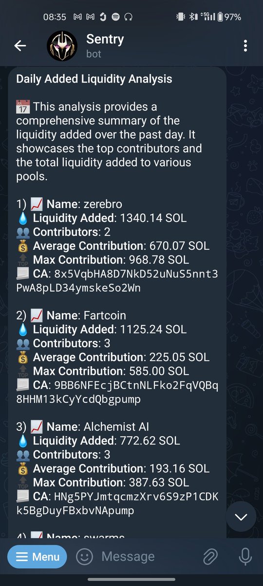Daily Raydium pools liquidity addition report (01/15): 

#zerebro 1340 SOL
#Fartcoin 1125 SOL
$ALCH 772 SOL
$swarms 650 SOL
#GRIFFAIN 337 SOL

Watch these tokens closely
🤖t.me/SentryOnSOL_Bot