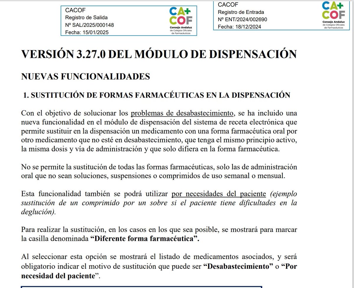 FELICITATS, Els companys del CACOF acorden amb el SAS la susbtitució de forma farmacèutica en cas de manca de subministre o necessitat del pacient. Tant de bo a Catalunya recuperem algun dia el lideratge que ens faci tornar a brillar i deixar de mirar des de la barrera.