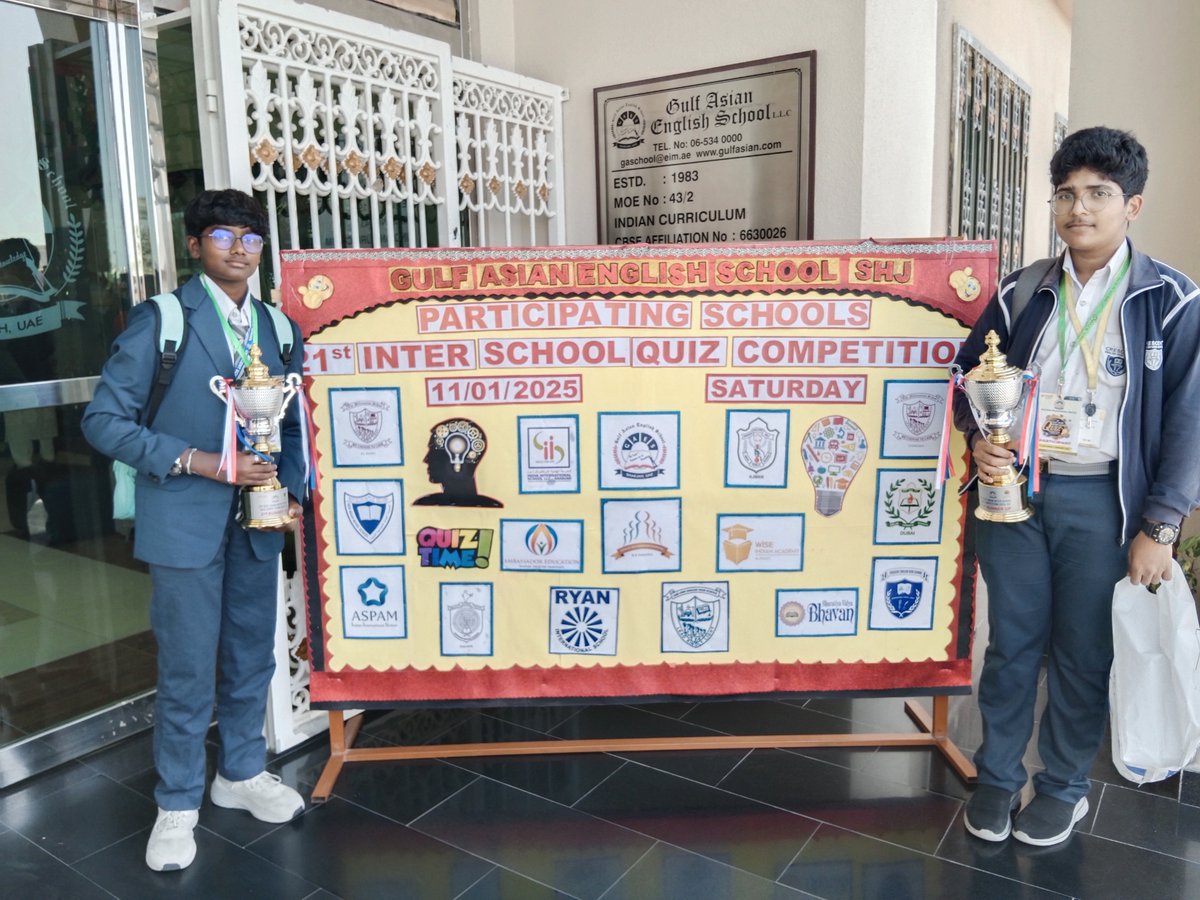 Celebrating Success at the 21st Gulf Asian Inter-School Quiz Competition!  We are thrilled to announce the remarkable success of our Grade 9 students,  Kavin Essakki and Muhammad Amaan, at the 21st Gulf, image size:1200x900