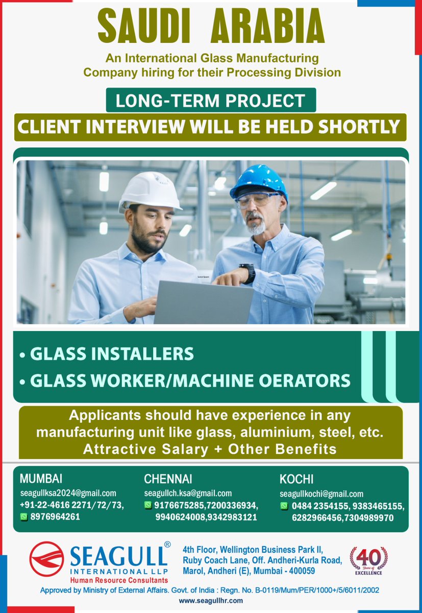 hrd1_seagull's tweet image. 🇸🇦Saudi Arabia Jobs
✔Long Term Project
💻Client Interview Shortly 
📍Interview Location - Mumbai , Baroda &amp;amp; Kochi
.

.

.
#saudiarabiajobs #glassinstallers #glassworker #machineoperator #glassmanufacturingcompany