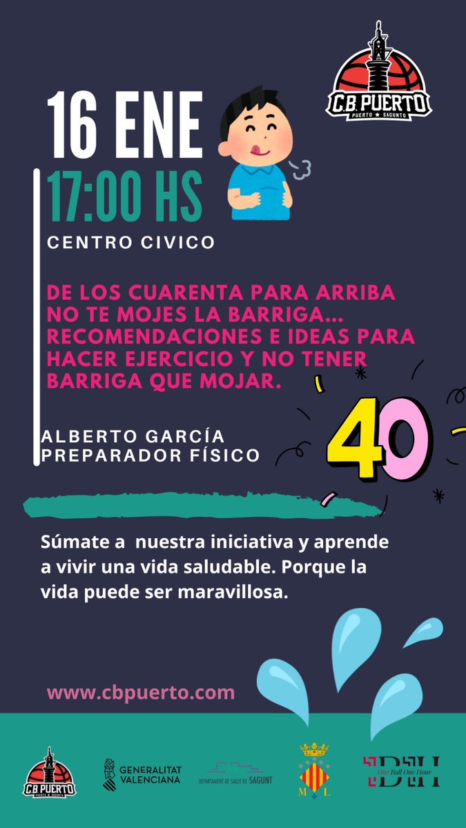 🏋️‍♂️Si tienes más de 40 esta charla es para ti. Aprende ideas y ejercicios para mantenerte saludable y sin barriga que mojar 🗓️ 16 de enero⏰ 17:00 h📍Centro Cívico. Con Alberto García, preparador físico ¡Te esperamos!🙌 #HospitaldeSagunto #Oneballonehour #cbpuerto