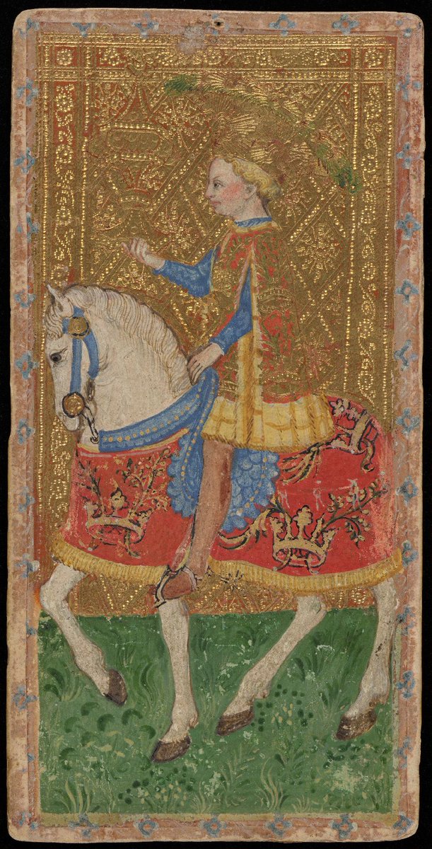 ColeccionMMoret's tweet photo. Bonifacio #Bembo. Caballo de espadas / Caballo de copas. #Tarot #Visconti. Oro, plata y temple sobre cartón, h. 1428-1447. @BeineckeLibrary https://t.co/Iu5SqrP2qW