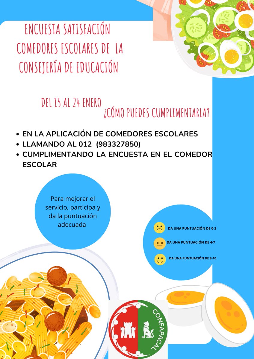 🤔¿Como valoramos nuestros #comedoresescolares ? 

🍽️La encuesta de satisfacción de la Consejeria de Educación es una oportunidad de trasladar la necesidad de mejorar la calidad del servicio 🫘🌾📝

¡Queremos una alimentación sana y sostenible en el comedor!

<a href="/confapacal/">Confapacal</a>
