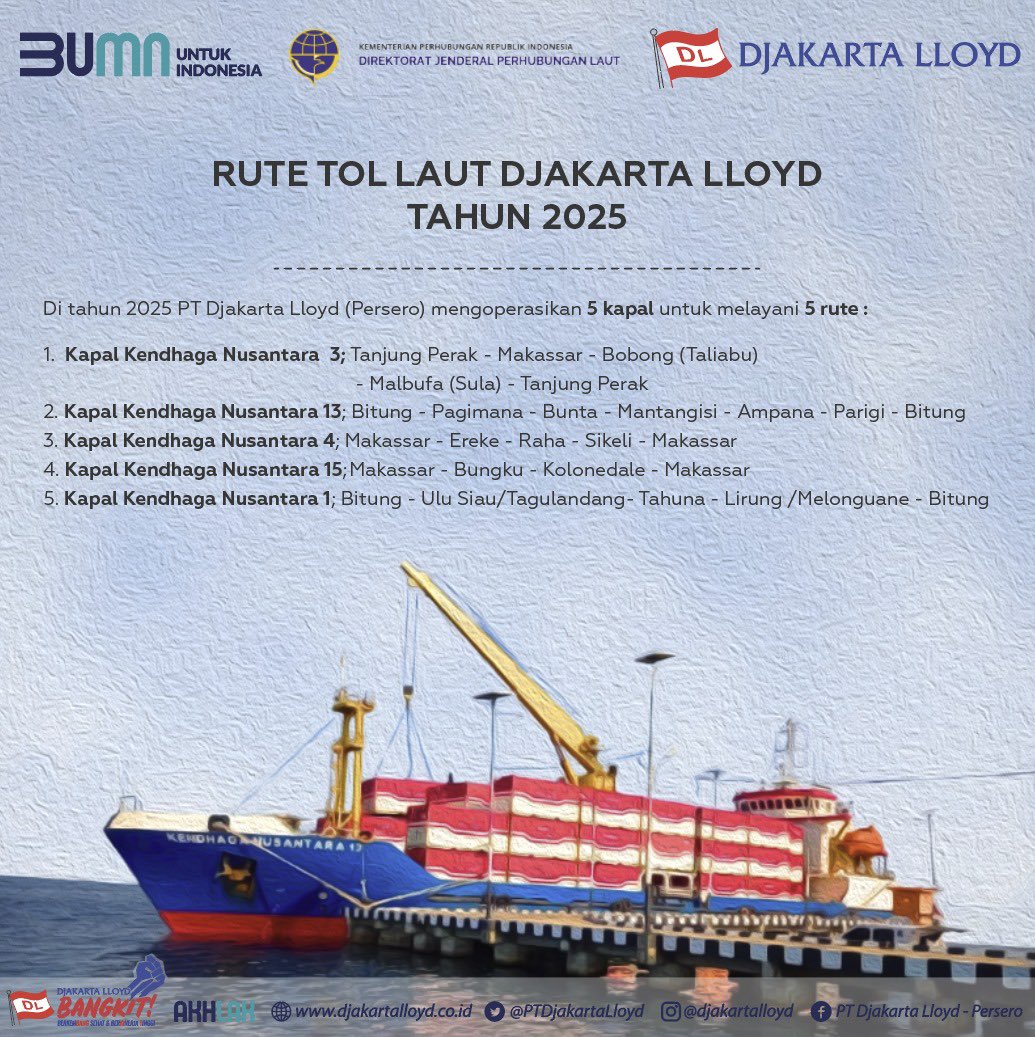 PTDJAKARTALLOYD's tweet photo. Hai Sobat DL,
"Tahun Baru, Semangat Baru: Tol Laut PT Djakarta Lloyd 2025 – Menghubungkan Nusantara, Membangun Negeri"
#djakartalloyd
#BANGKIT
#BUMNUntukIndonesia
#TolLaut
#TolLautDjakartalloyd https://t.co/g1TkExQ5k8