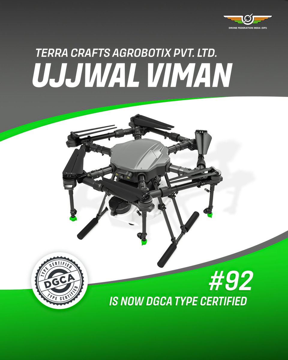 dronefed's tweet image. Congratulations to Terra Crafts Agrobotix Pvt. Ltd. for achieving type certification for the Ujjwal Viman! 🎉 A remarkable milestone in agricultural drone innovation. 🚀

#AgriDrones #DroneTech #TypeCertification #InnovationInFarming