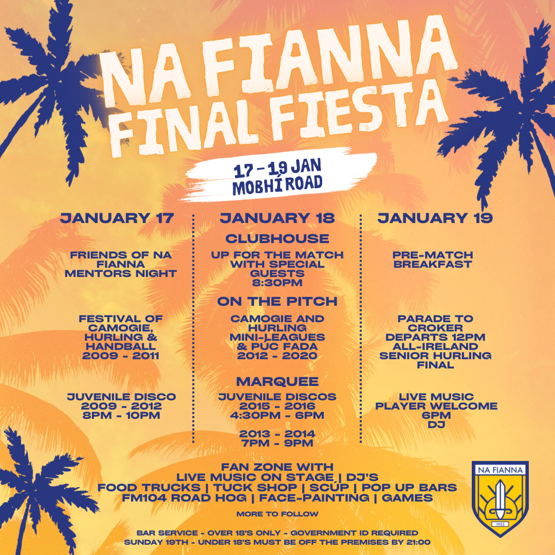clgNaFianna's tweet photo. Our full schedule of events for the Na Fianna Final Fiesta are now available using the link below.

What a weekend we have in store!

#NaFiannaAbú💙💛

https://t.co/KJJZ1qZtWn https://t.co/7jBn7Tr6QF