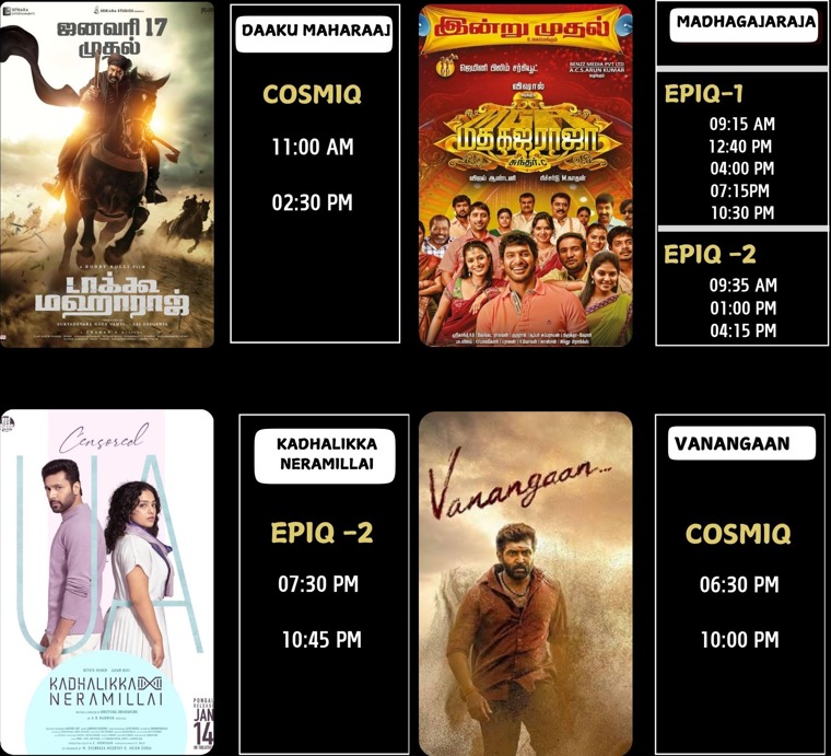 vetriesquare's tweet image. Show schedule for 17th JAN. For Below Mentioned Movies. Online tickets Bookings Opening @vetriesquare 
Book your tickets at #ticketnew  #districtbyzomato  #Paytm 

#tnjcitynews 
#thanjavur_updates 
#thanjavurpasangada 
#sorgabomminthanjavur