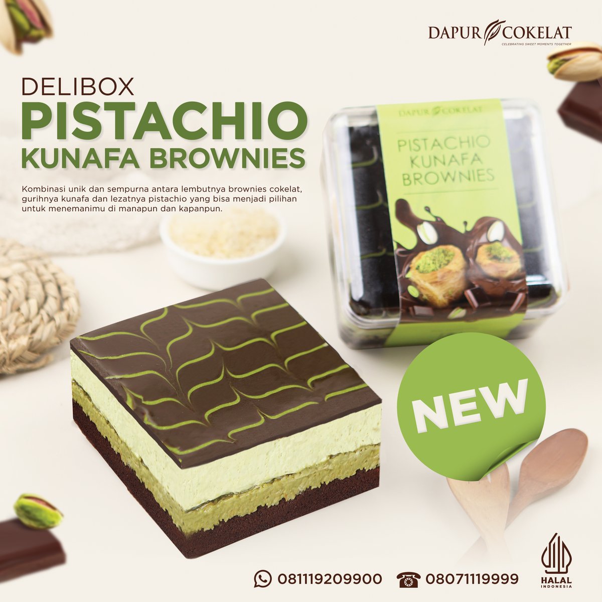 dapurcokelat's tweet photo. Siapa yang udah nggak sabar nyicipin Deli Box Pistachio Kunafa Brownies? 🍰✨

Lembutnya brownies dan crunchynya kunafa, gurihnya pistachio, lelehan cokelat dalam satu gigitan yang bikin nggak bisa berhenti! 🤤 

#DapurCokelat #DCDeliboxPistachioKunafaBrownies https://t.co/T56EjI8Gfs