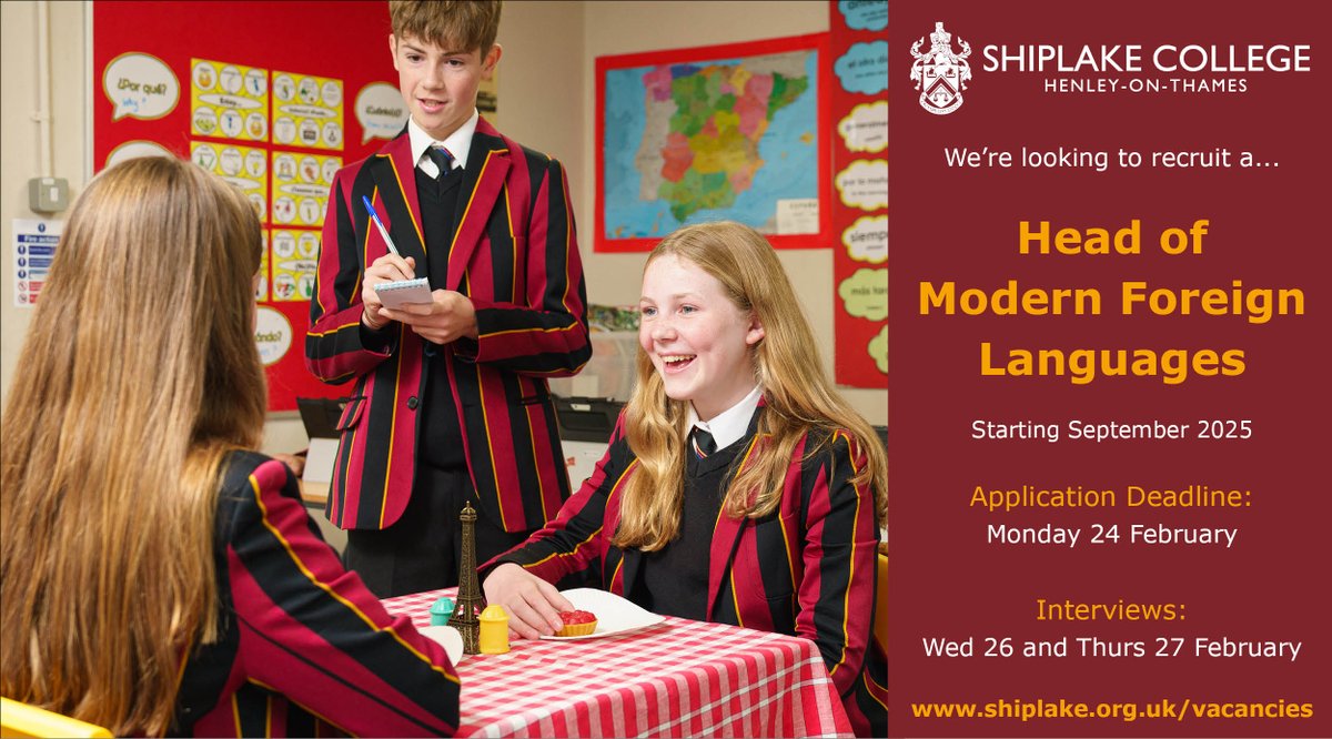 We are looking to recruit an inspirational Head of Modern Foreign Languages. Experience teaching Spanish and French up to A-level desirable. Go to shiplake.org.uk/vacancies for a candidate pack and application form. #ShiplakeLanguages #ShiplakeStaff #ShiplakeVacancies