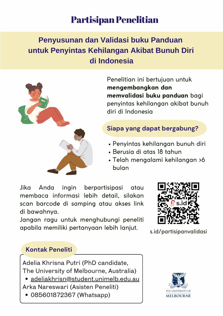 Call for participants. Kami mendorong kebersediaan kamu utk membantu penyelesaian pembuatan Buku Panduan untuk Penyintas Kehilangan akibat Bunuh Diri di Indonesia. Daftardi  bit.ly/partisipanvali…. Cek detailnya di tautan gambar. Terima kasih🌻🌻