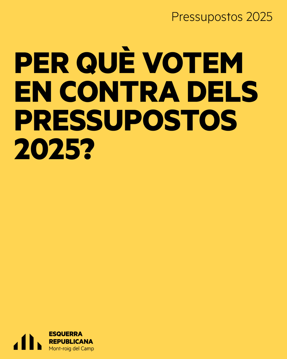 ercmontroigcamp's tweet photo. #PleExtraordinari #Pressupostos 2025 | Us ho expliquem tot 👀

👉 Per què votem en contra dels pressupostos 2025?

📢 Assistim al Ple extraordinari, donem la cara i votem en contra d’uns pressupostos que no ajuden a millorar la vida de la gent.

#ERC #Esquerra #EsquerraMontroig https://t.co/iyHoZ1904Y