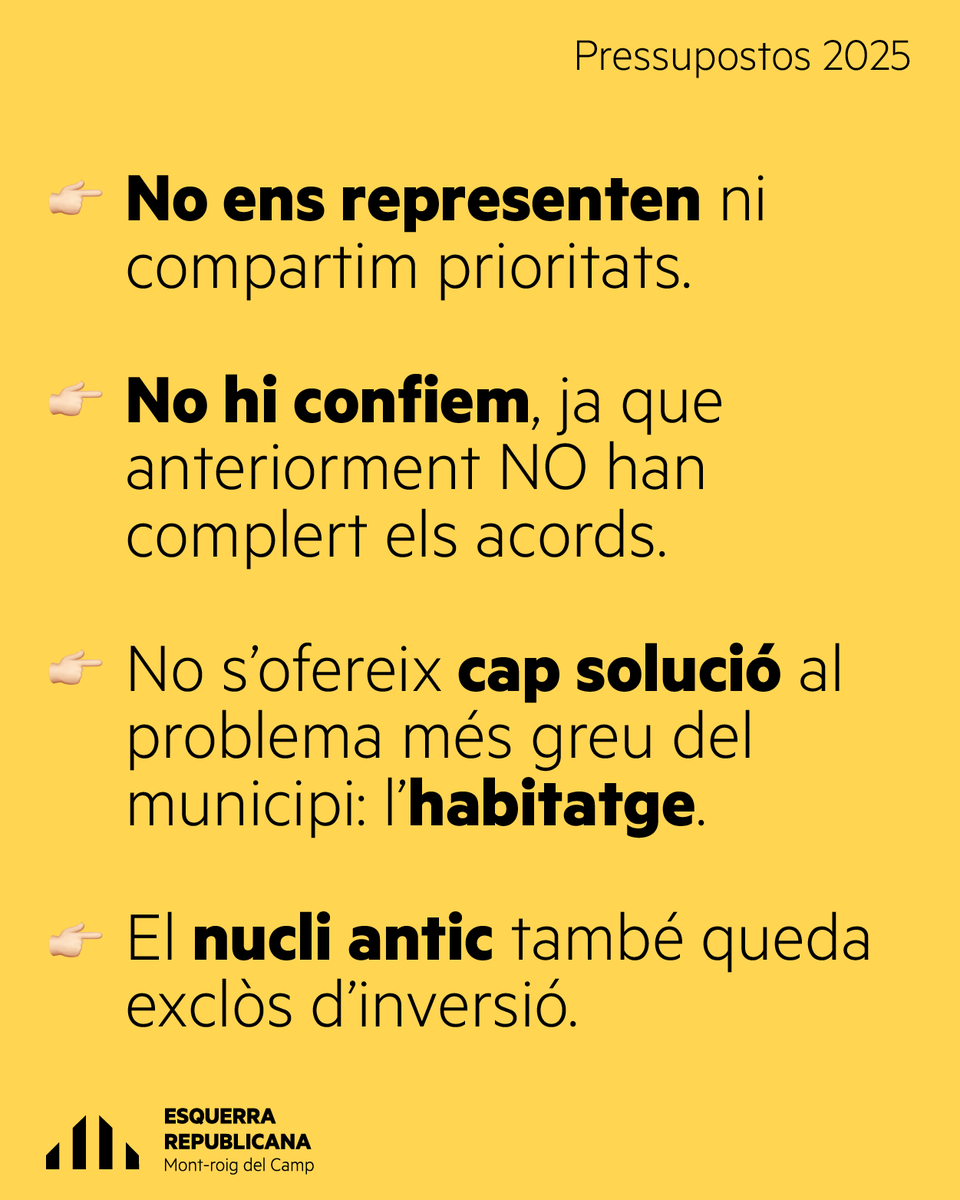 ercmontroigcamp's tweet photo. #PleExtraordinari #Pressupostos 2025 | Us ho expliquem tot 👀

👉 Per què votem en contra dels pressupostos 2025?

📢 Assistim al Ple extraordinari, donem la cara i votem en contra d’uns pressupostos que no ajuden a millorar la vida de la gent.

#ERC #Esquerra #EsquerraMontroig https://t.co/iyHoZ1904Y